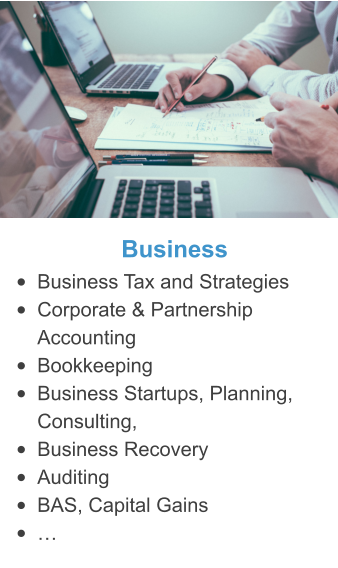 Business •	Business Tax and Strategies •	Corporate & Partnership Accounting •	Bookkeeping •	Business Startups, Planning, Consulting,  •	Business Recovery •	Auditing •	BAS, Capital Gains  •	…